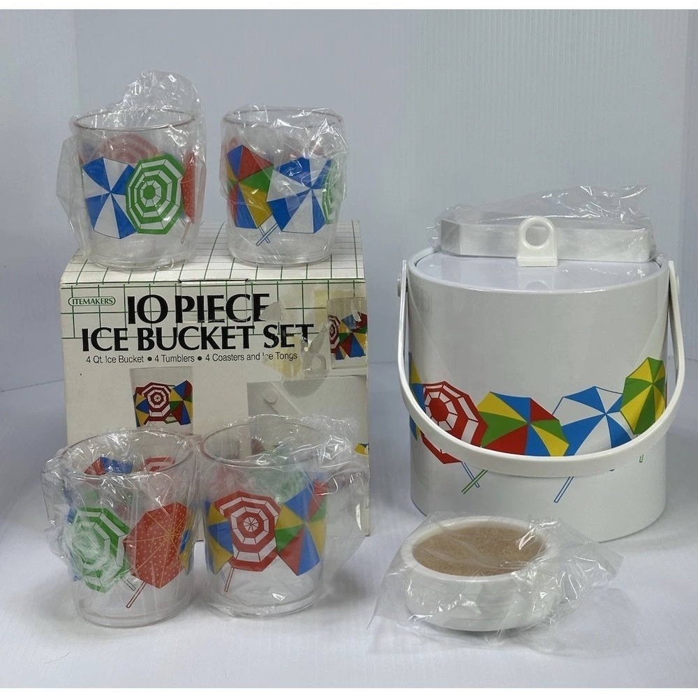 VTG ITEMAKERS 10 Pc Ice Bucket Set‎ 4 Tumblers 4 Coasters Tongs Umbrellas NOS 85